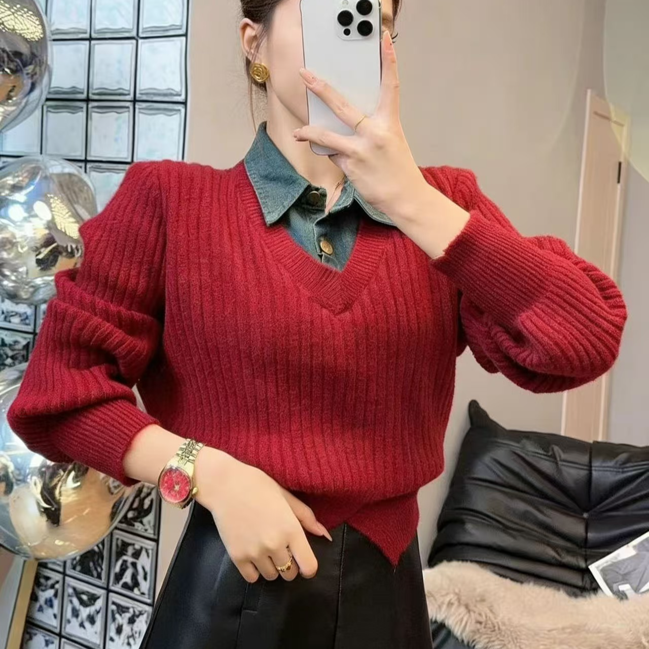 2024初秋季新款女装气质穿搭洋气时髦红色假两件牛仔拼接毛衣