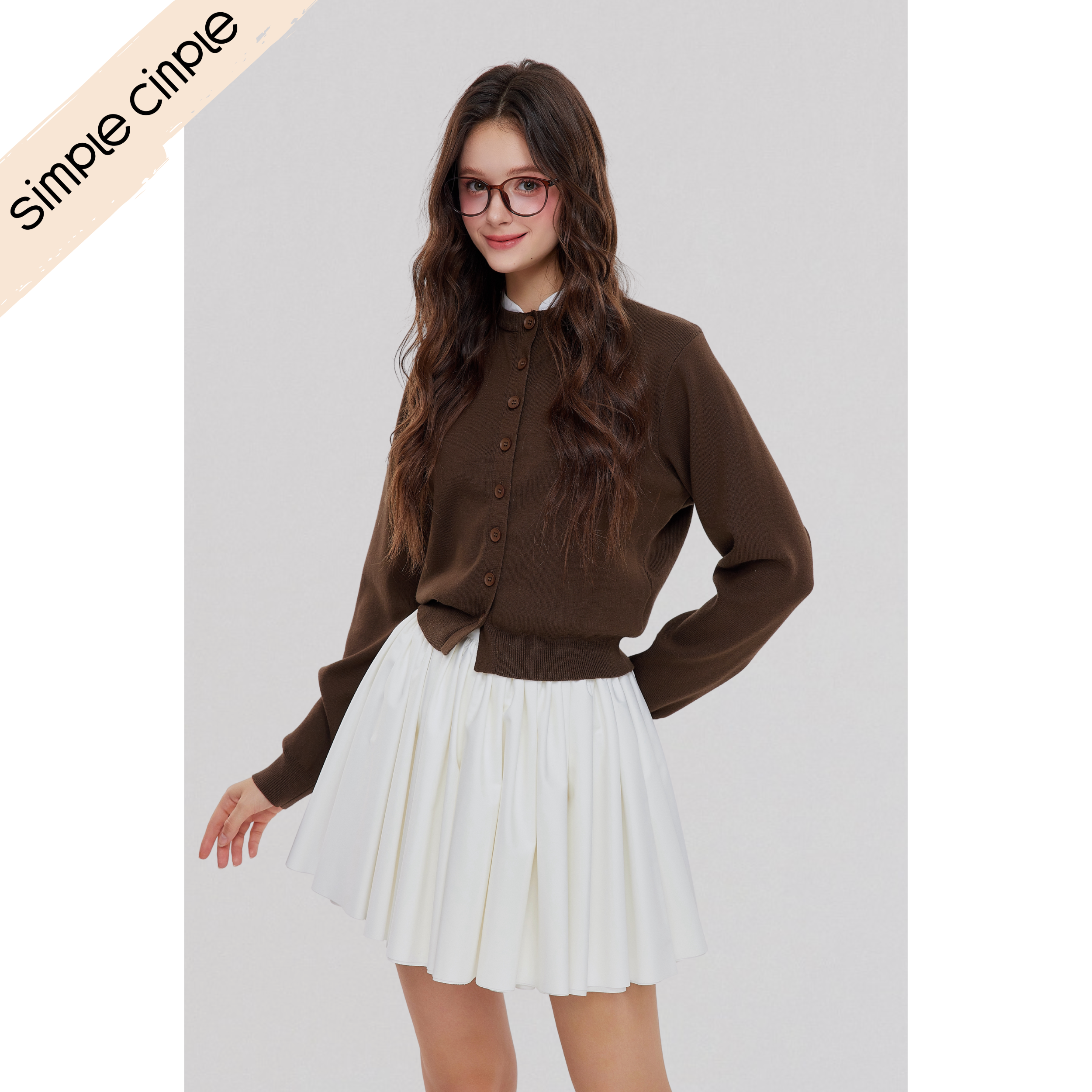 simple cinple｜经典款拼接领长袖毛衣开衫蓬蓬裙套装