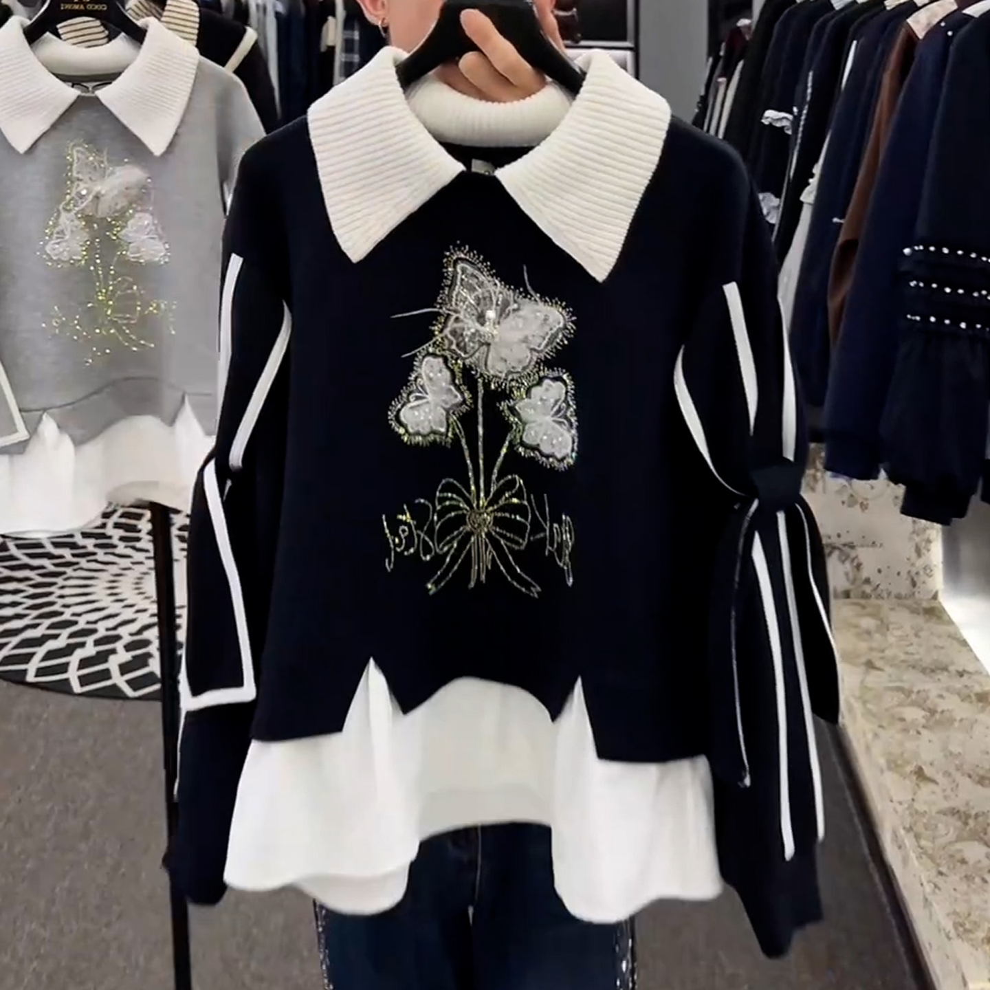 设计感重工蝴蝶烫钻假两件卫衣女秋冬季加绒保暖拼接翻领长袖上衣