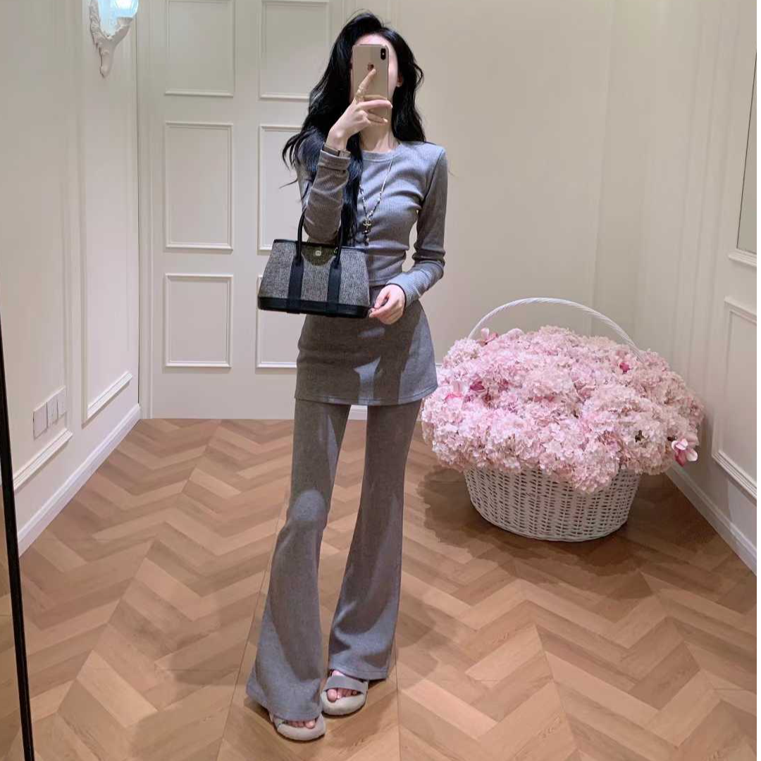 韩系长袖T恤收腰显瘦上衣高腰微喇裤女装春季2026新款时尚两件套