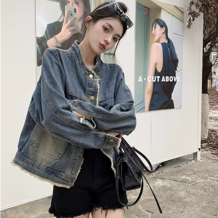 复古水洗流苏立领牛仔外套女春秋设计感小众显瘦百搭短款夹克上衣