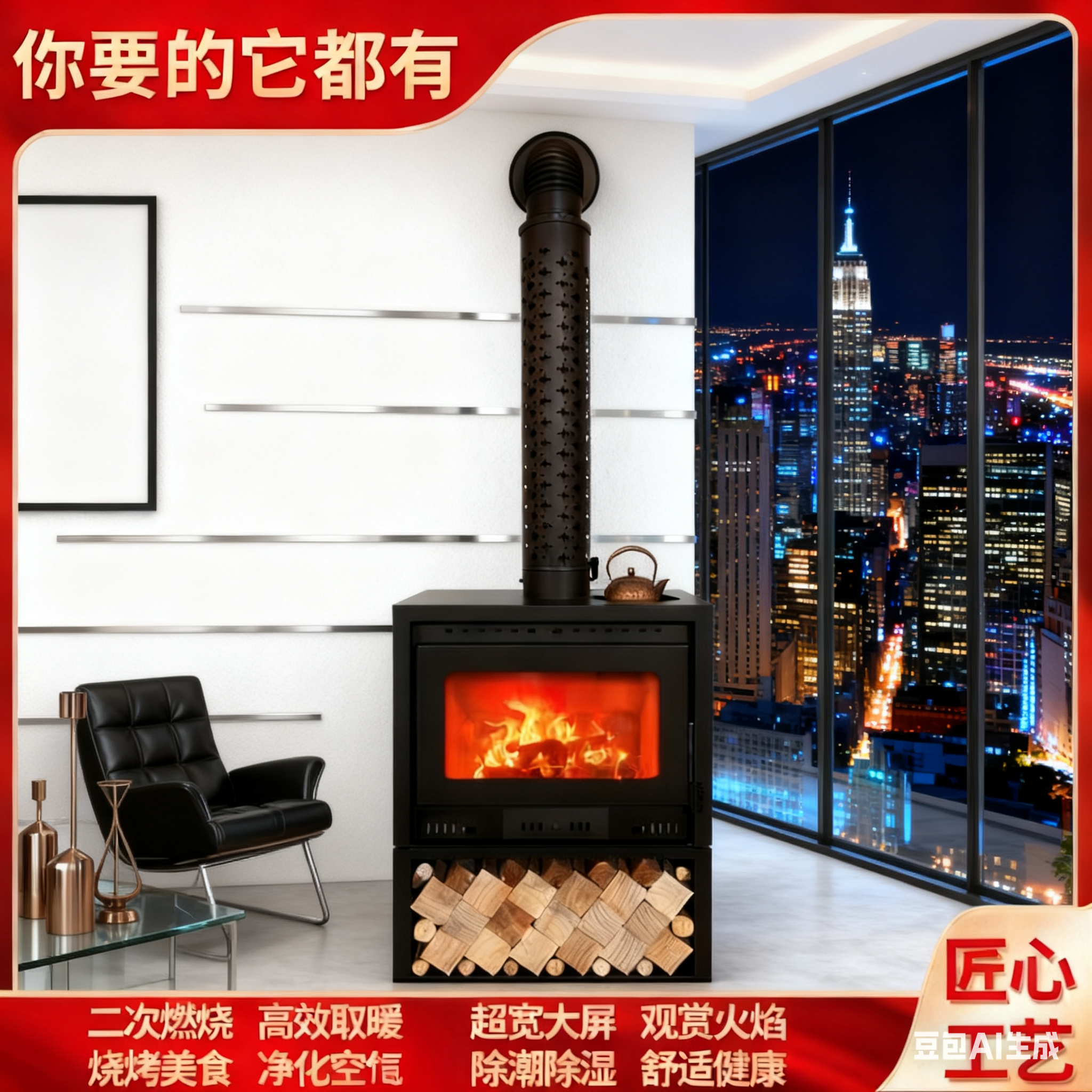 62型（制热80平新款真火然木壁炉豪华套装（别墅壁炉真火木柴家用