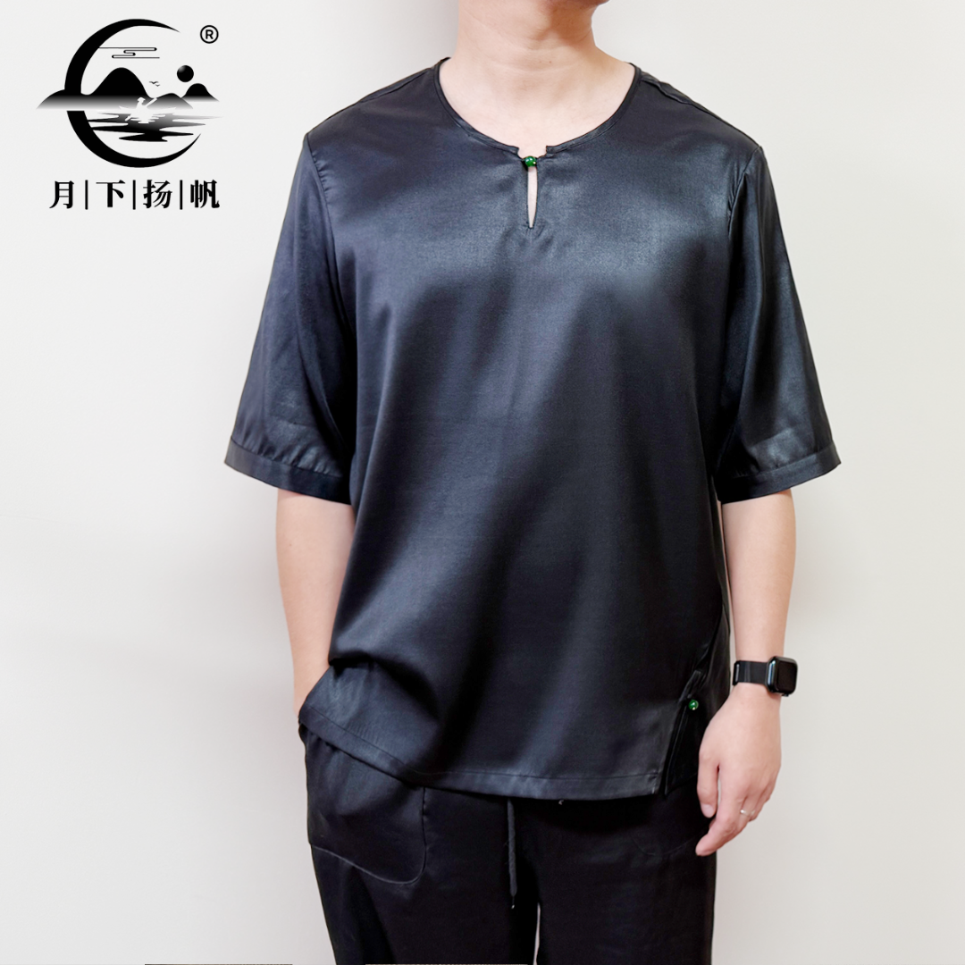 香云纱半袖黑色款夏季100%桑蚕丝男士t恤百搭圆领休闲短袖上衣