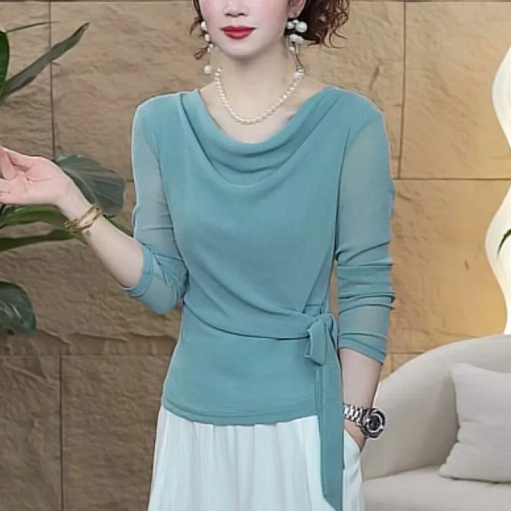 小妈风2025早秋新款时尚显瘦绑带堆堆领设计长袖气质百搭小衫