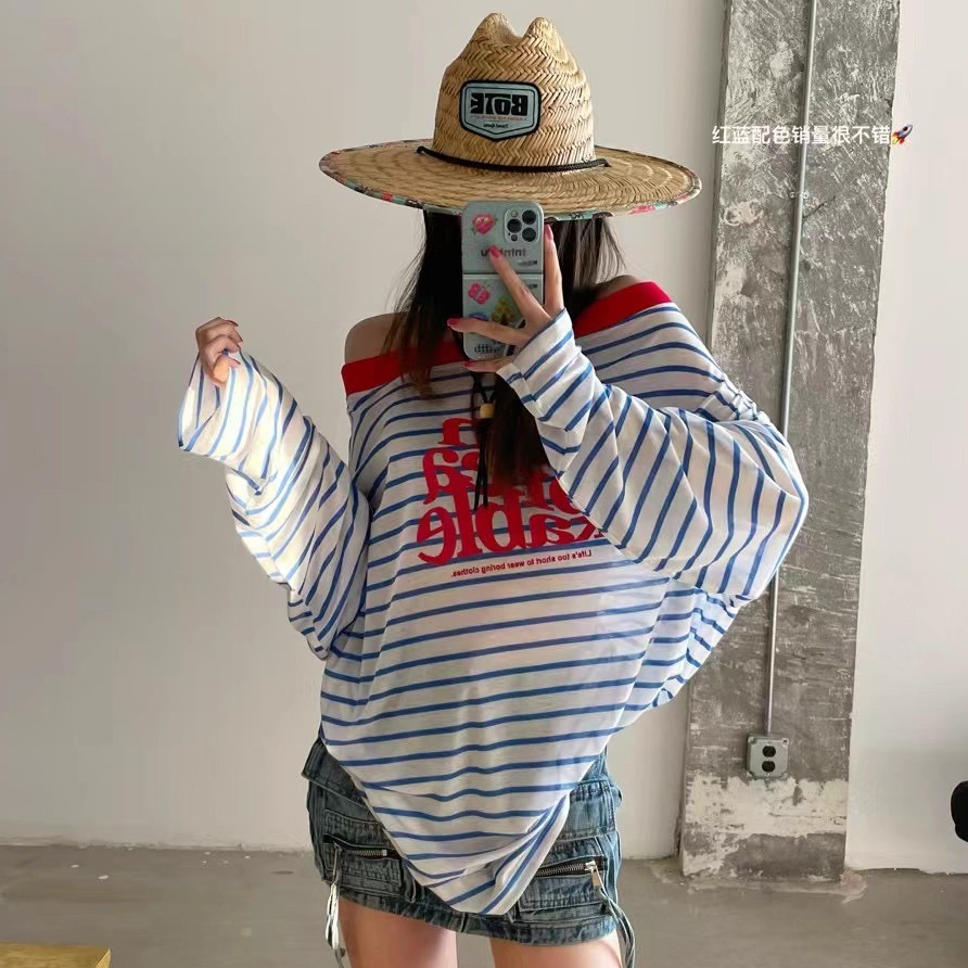 撞色条纹一字肩长袖防晒T恤女夏新款慵懒风宽松罩衫胖mm大码上衣N