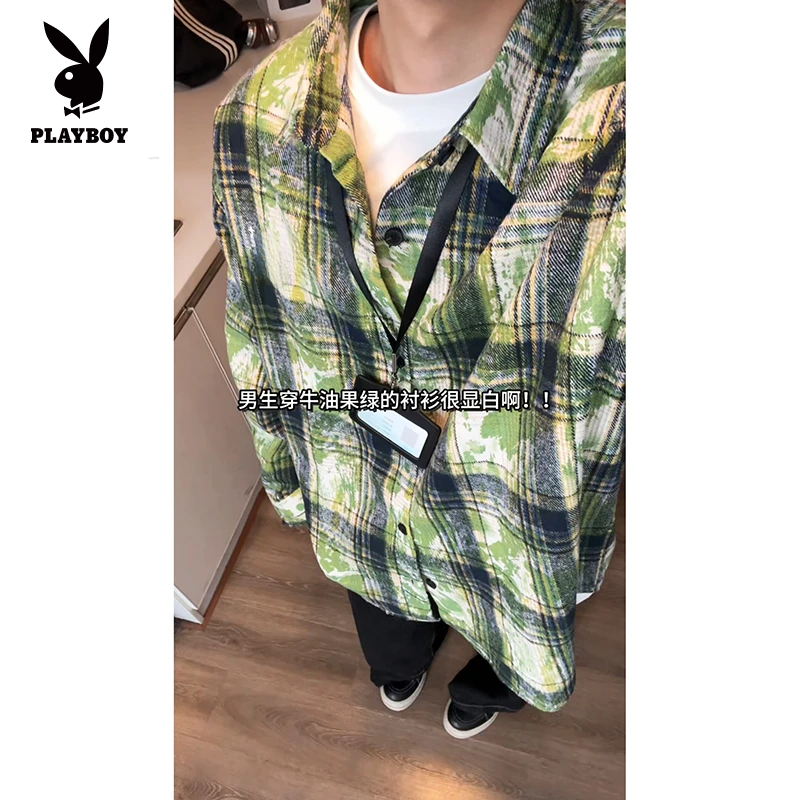 花花公子氛围感扎染衬衫男早秋撞色翻领长袖衬衣格纹慵懒风宽松