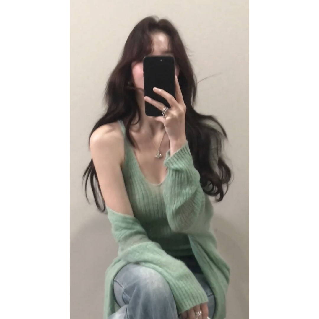 INS CEC休闲绿色针织开衫纯欲吊带女设计感复古微喇牛仔裤套装