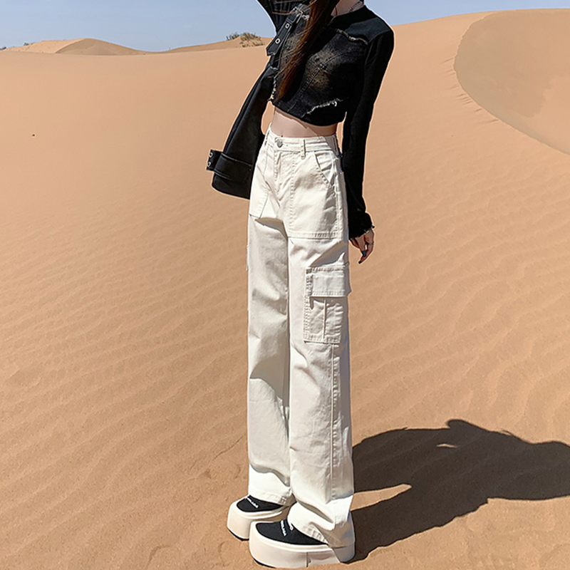 美式杏色窄版直筒工装裤女秋季爆款高腰显瘦小个子弹力休闲阔腿裤