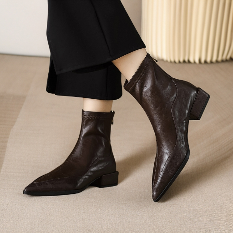 羊皮版~法式尖头洋气短靴女款2025秋冬新款时尚切尔西靴女瘦瘦靴
