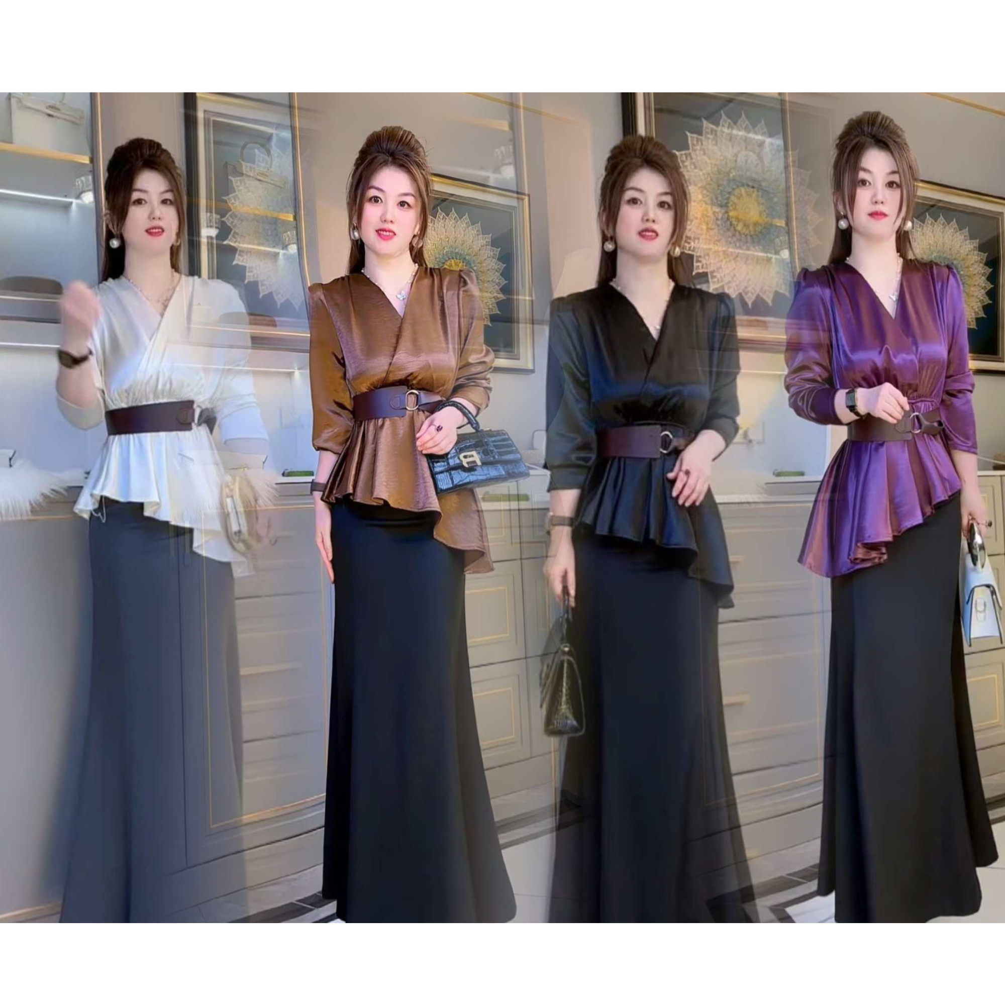 系带荷叶边V领气质常规款显瘦小众秋款上衣优雅（送腰带）127款