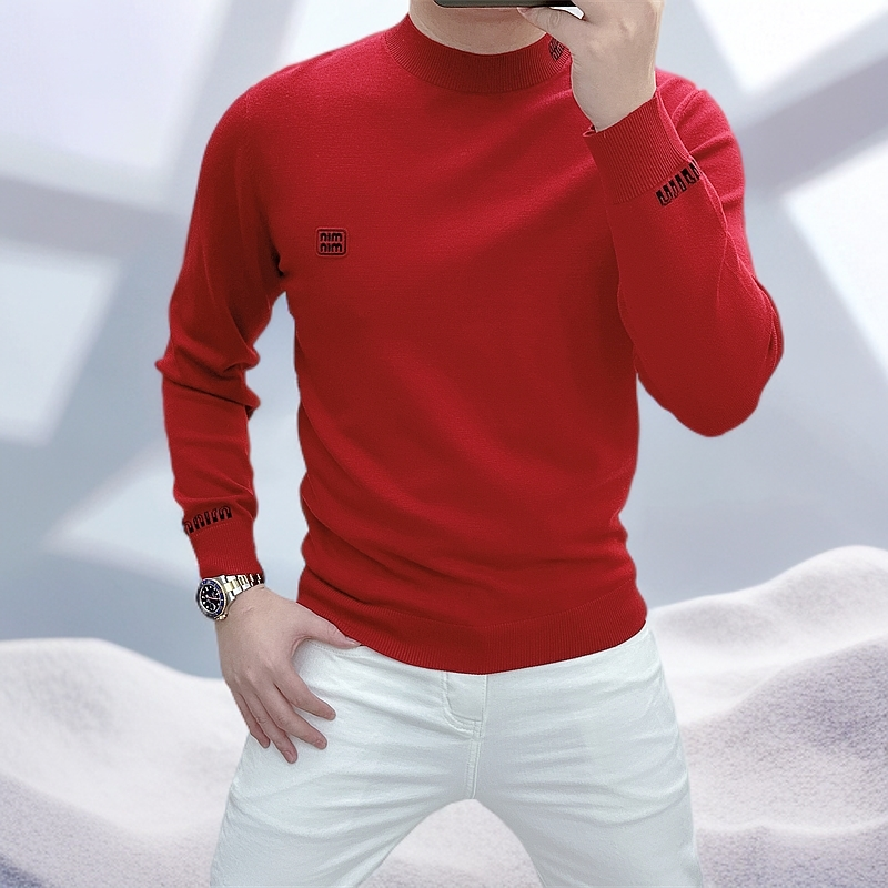 秋季新款提花针织衫男士修身衫百搭打底衫长袖时尚修身纯色