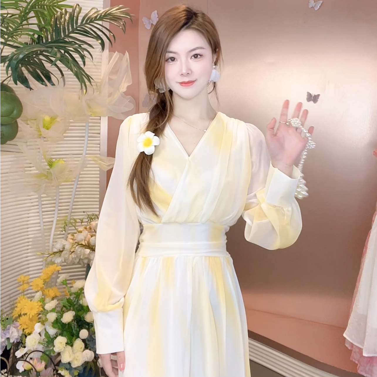 千语栀【盛夏幻梦】独特漂亮遮肚子连衣裙晕染温柔风优雅黄色连衣裙