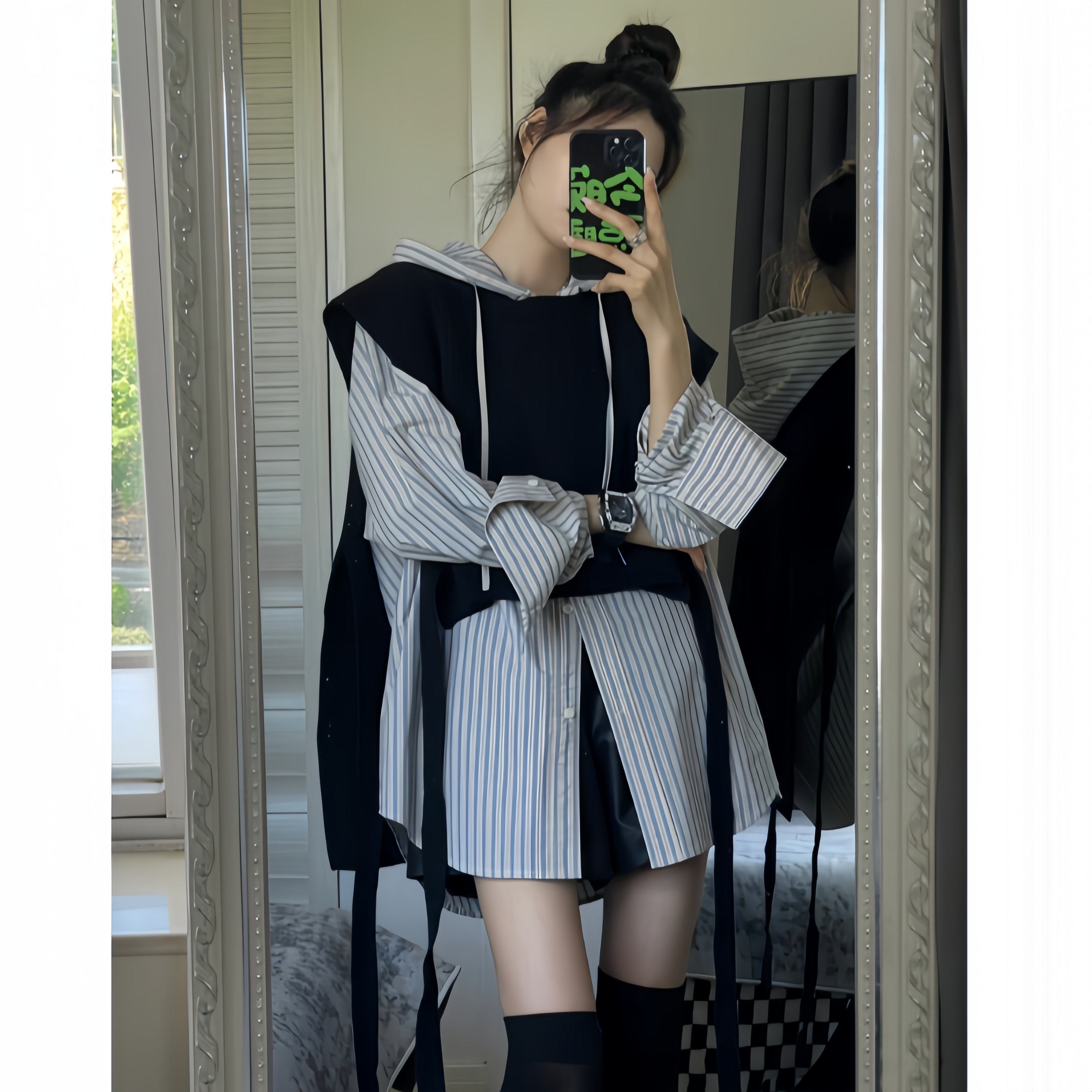 不对称前短后长针织披肩+条纹连帽衬衣设计感时尚宽松两件套装女