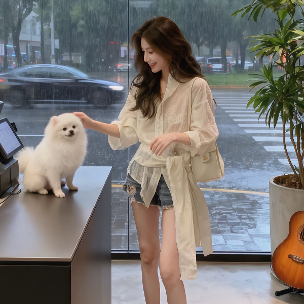 仙女风POLO领白色气质法式衬衫刺绣设计感洋气休闲百搭辣妹短裤女