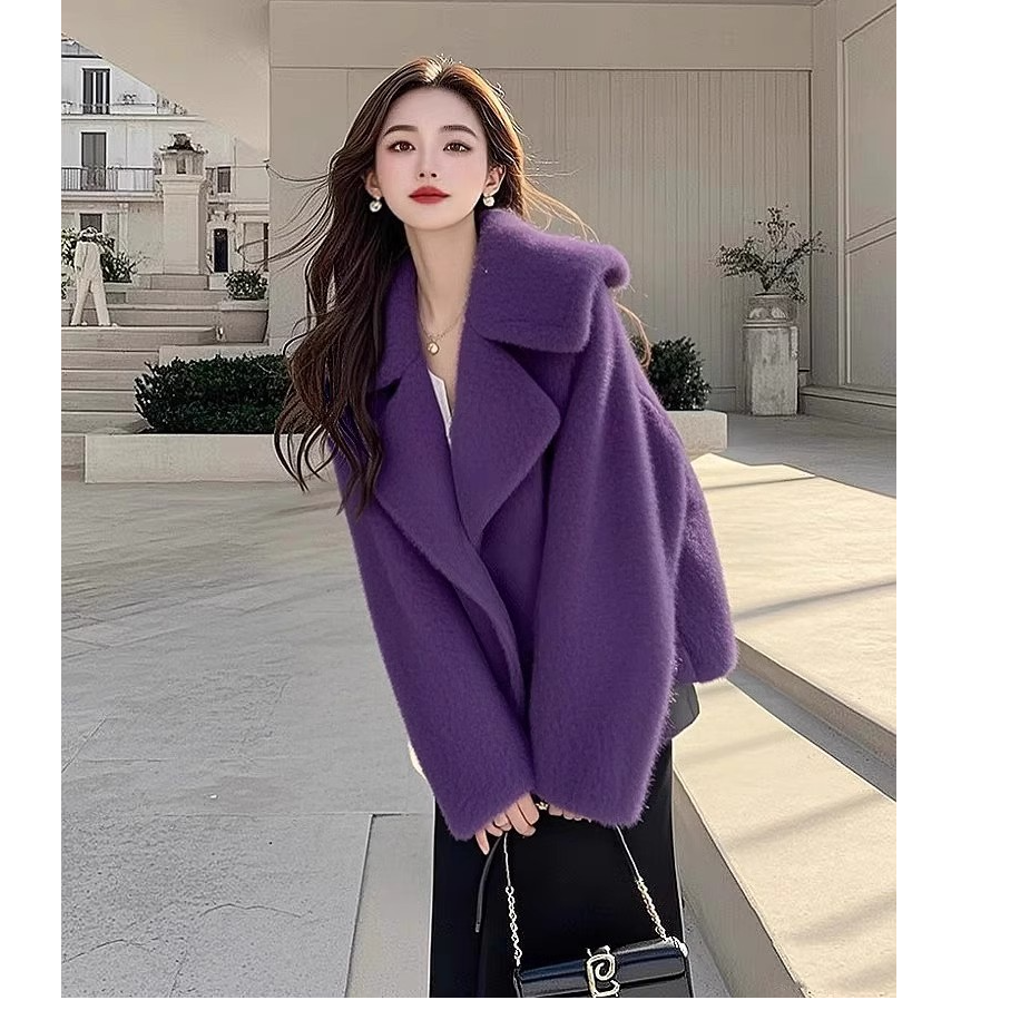 2024冬季新款韩版复古时尚百搭显瘦气质感紫色保暖外套宽松上衣