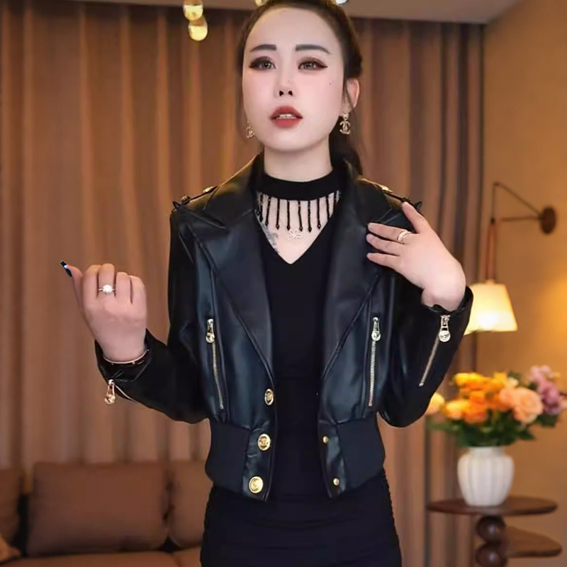 春季新款拉链翻领皮衣螺纹收腰金属扣外套女2025新品时尚显瘦外搭