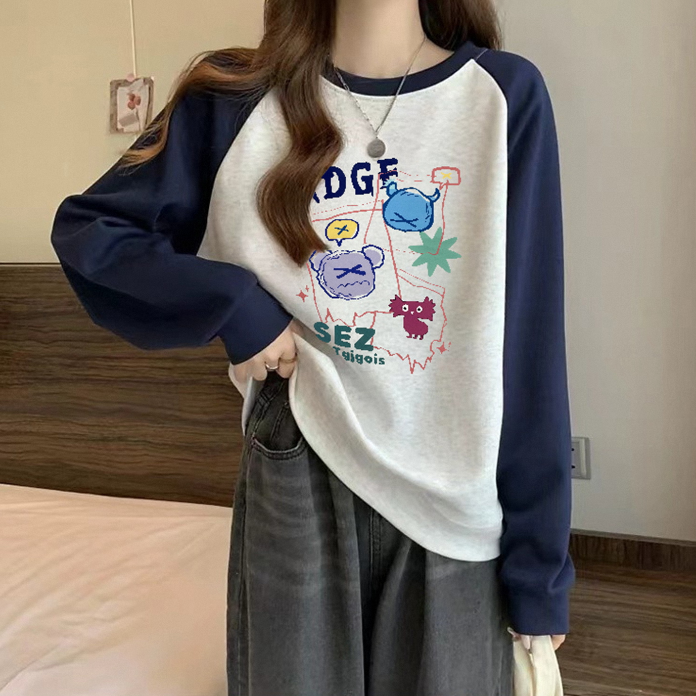 女大童韩版插肩袖卫衣少女春秋新款加大码初中生宽松长袖t恤女