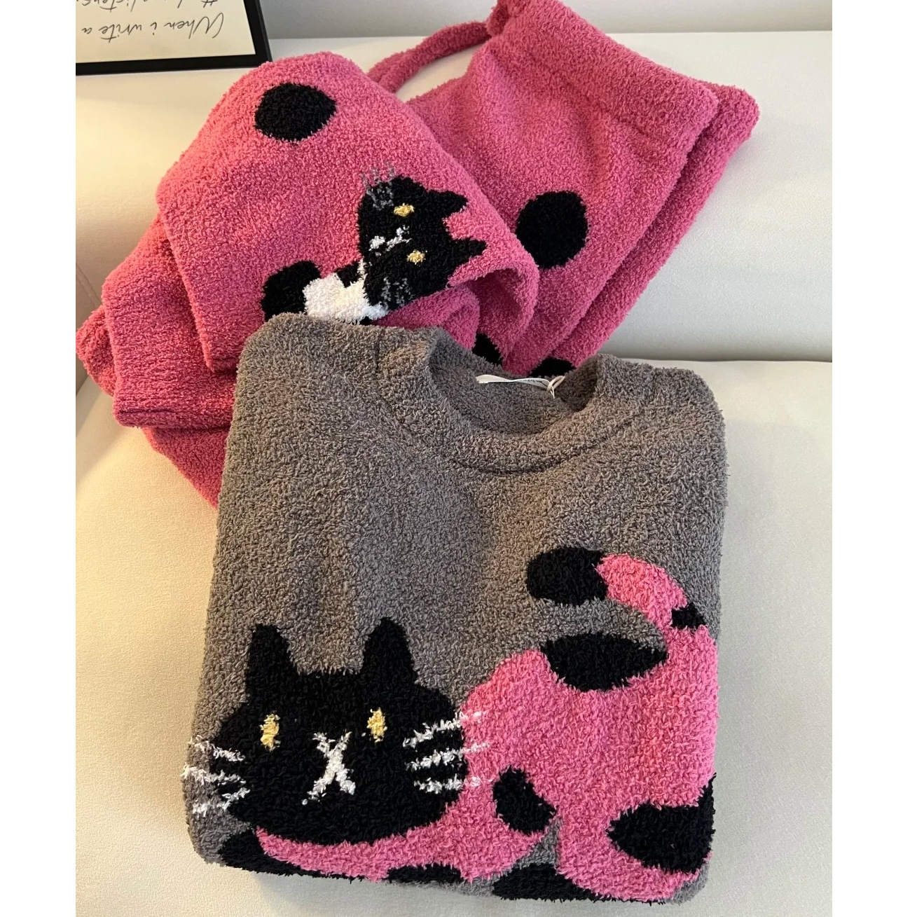 趣味波点猫可爱半边绒睡衣女秋冬新款软绵绵加厚家居服套装可外穿