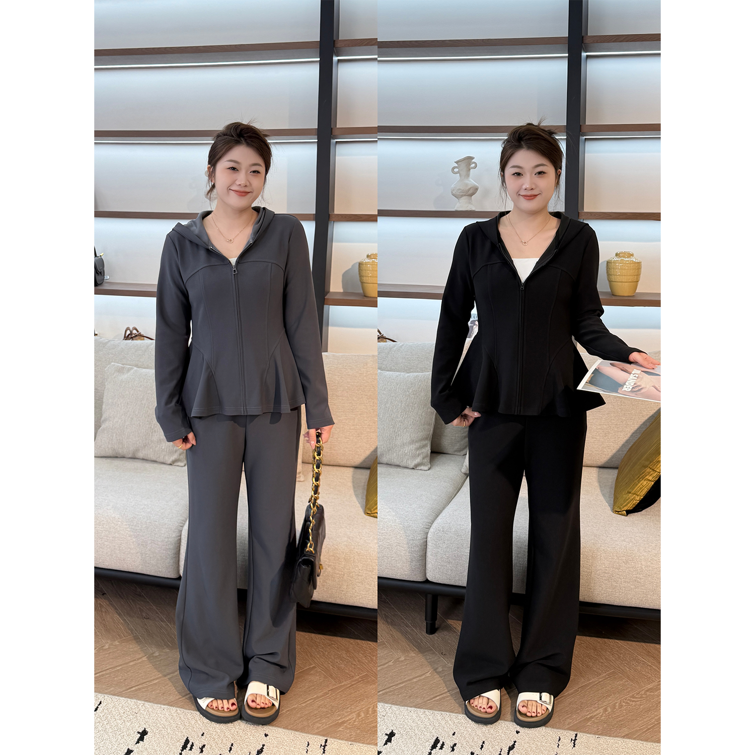 裂渡宣宣【休闲派对】微胖大码女秋收腰ins开衫+休闲裤套装ZY507A46