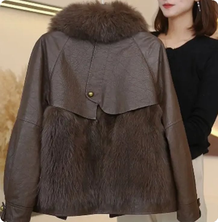 海宁女士冬装皮毛一体拼接外套加绒加厚时尚百搭女式短款2315