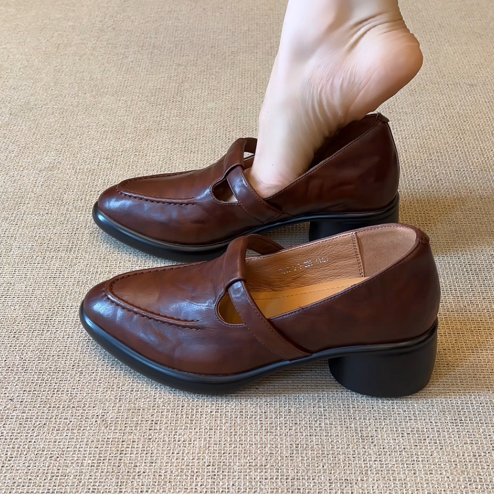 RubyL/5cm简约通勤复古风T字带百搭一脚蹬尖头中口粗跟单鞋女款