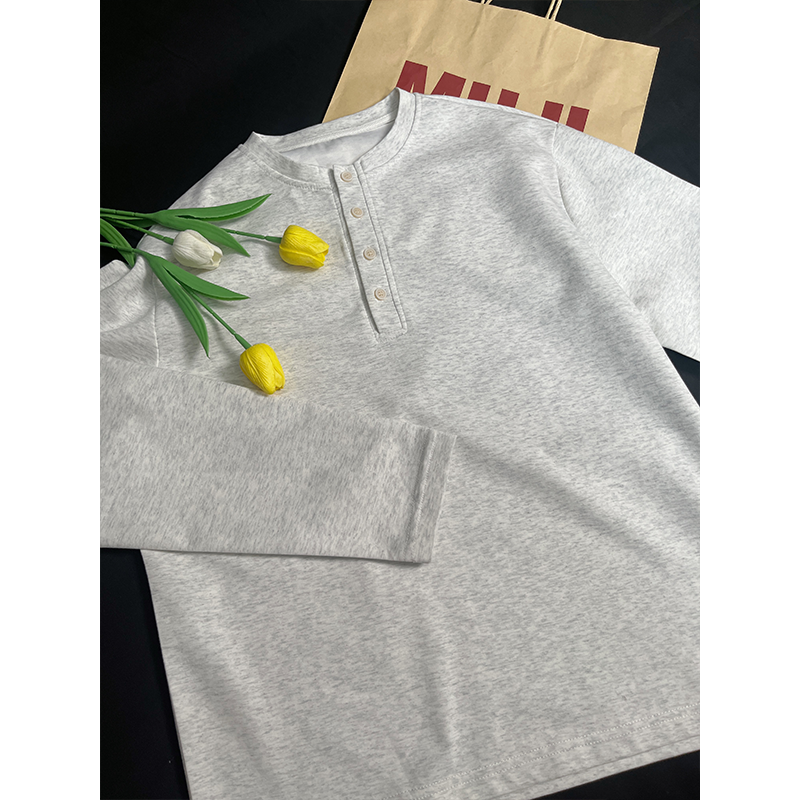 美式cleanfit白花灰亨利领长袖t恤男款潮牌痞帅高级感休闲上衣潮