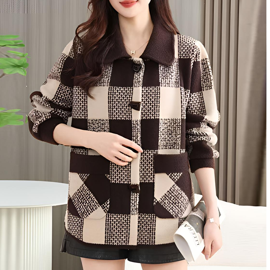 秋冬新款女针织牛角扣开衫双面绒加厚格子宽松长袖减龄妈妈装外套