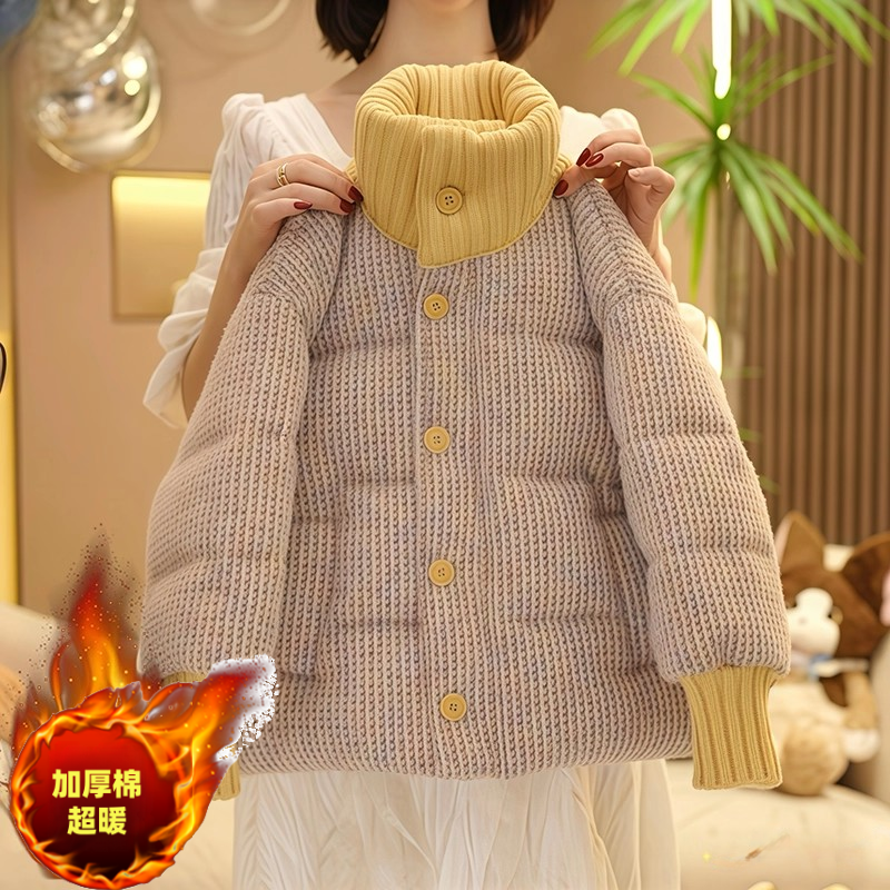 女童毛呢格子棉服冬装2025新款加厚毛线两保暖绵绵衣学生面包服潮