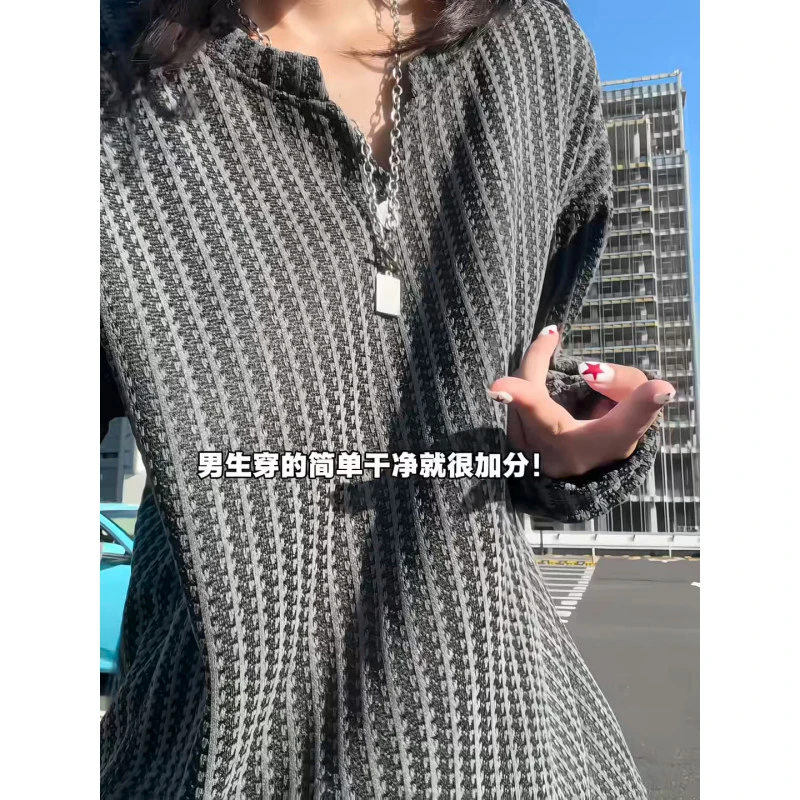 黑色肌理感小V领长袖t恤男款轻薄美式慵懒风卫衣高级感内搭打底衫