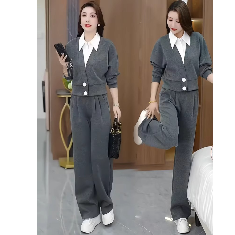 时尚休闲运动套装女春秋新款洋气假两件拼接上衣遮肚子减龄两件套