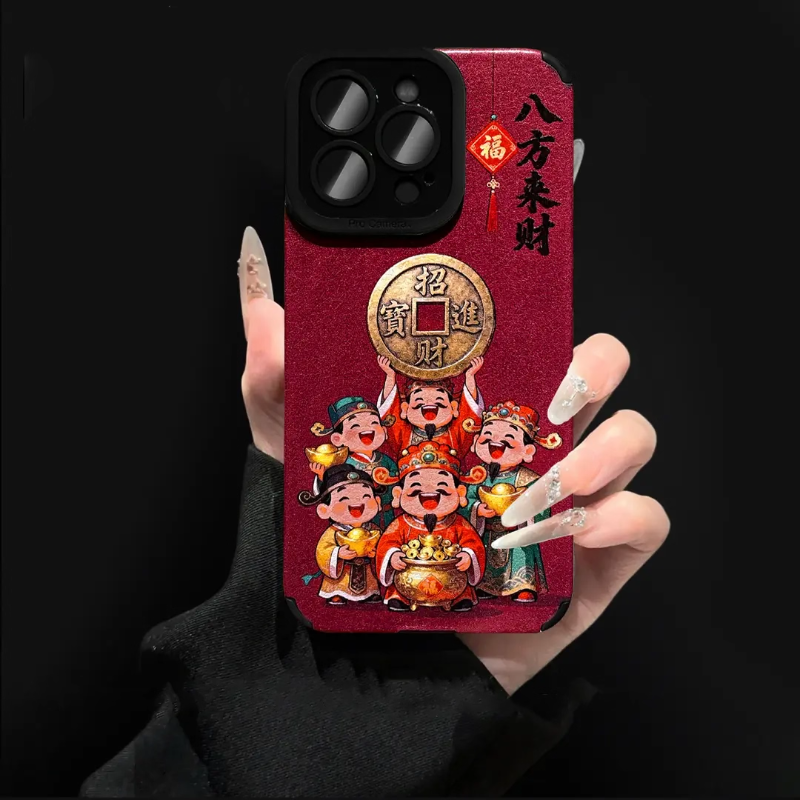 八方来财财神适用苹果17手机壳新款华为VIVO小米15OPPO全包翻毛皮