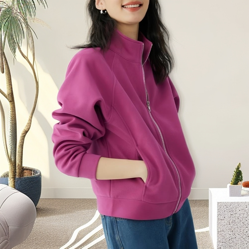 春秋立领双插袋开衫卫衣2025装玫红色分割设计视觉亲肤柔软外套女