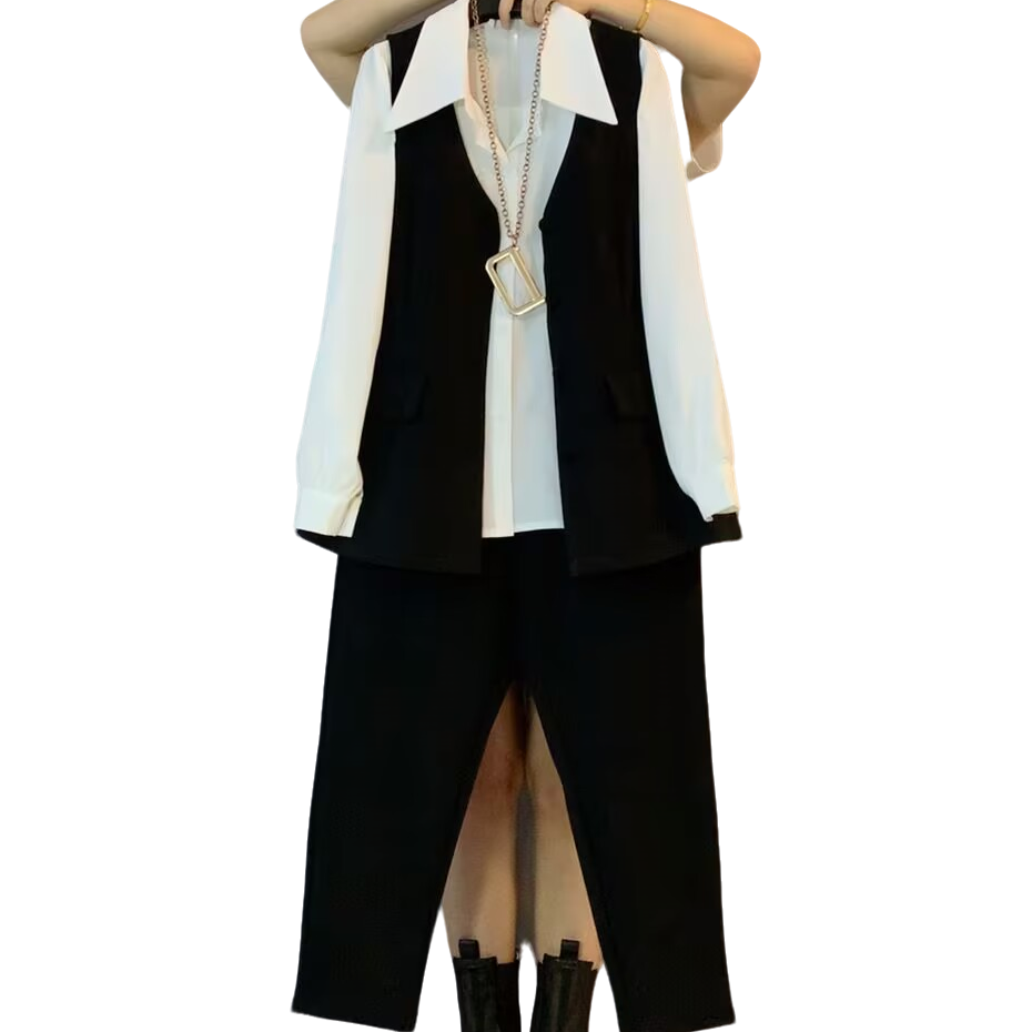 大维罗依YX新款8593大码百搭简约风马甲衬衫三件套