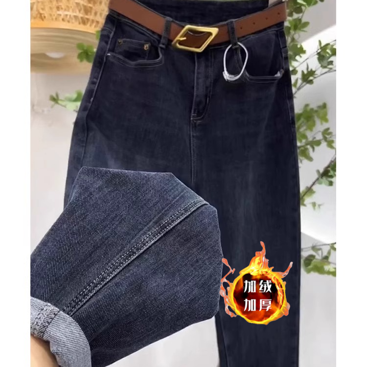 冬季加绒蓝灰色直筒哈伦牛仔裤女大码胖mm高腰显瘦梨形身材老爹裤