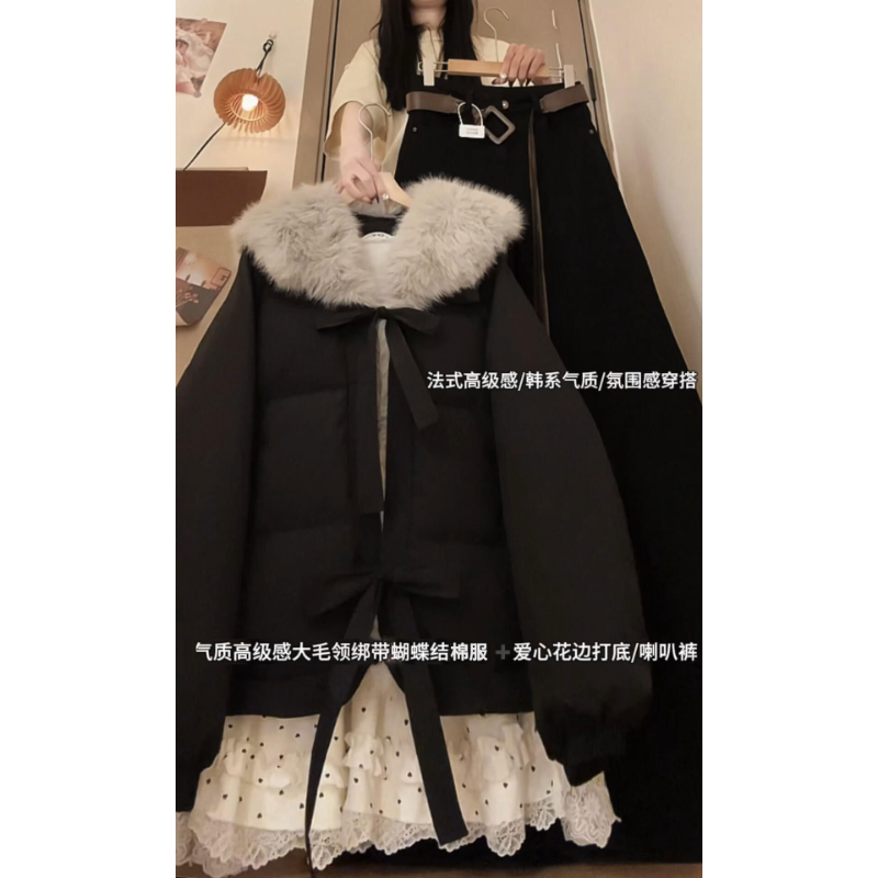 2025冬季新款韩系高级感大毛领绑带蝴蝶结棉服打底衫微喇裤三件套