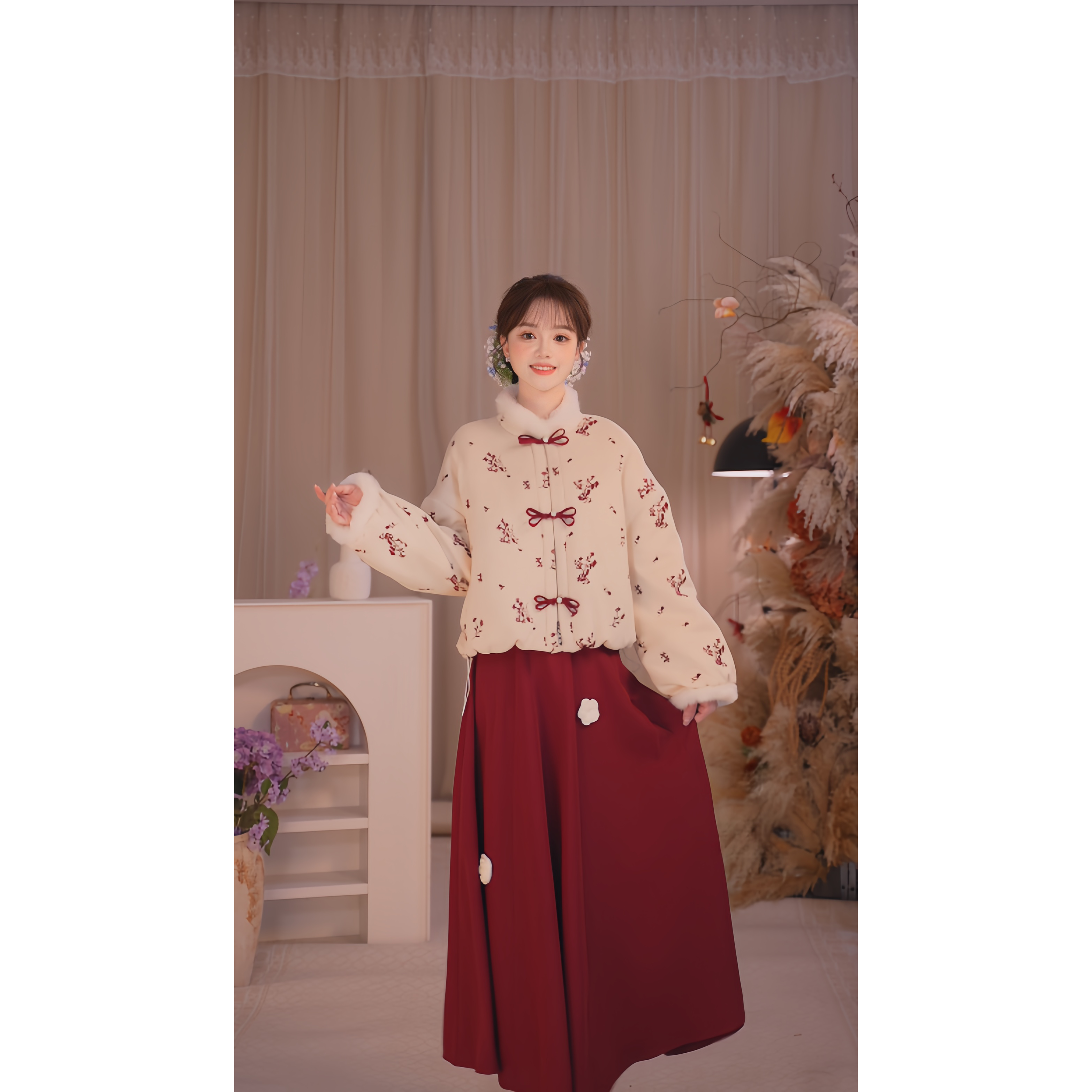瑶西【红枝暮雪】冬季厚款国风连理枝盘扣外套立体手工花加绒半裙