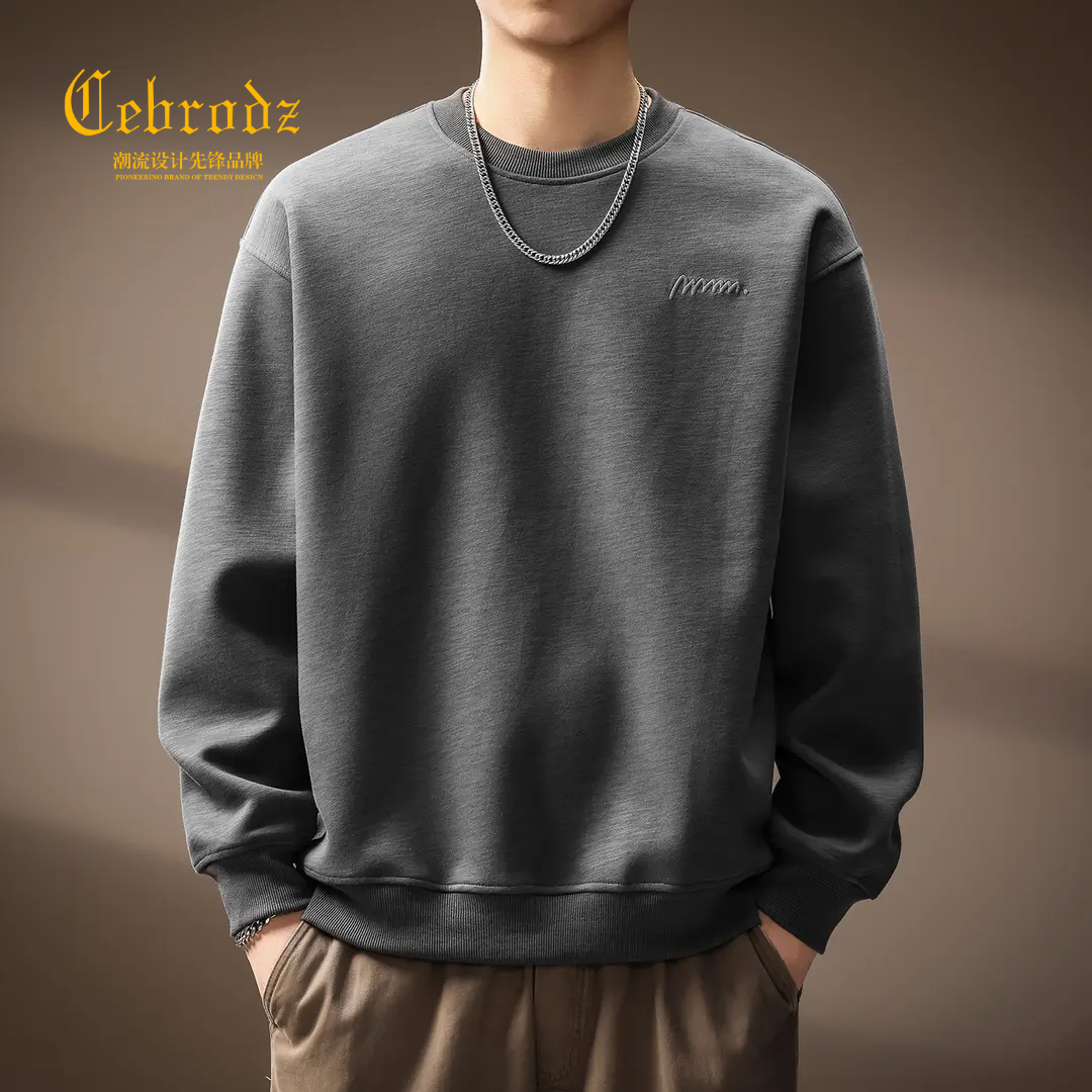 法国Cebrodz高端美式重磅圆领竹节纹理卫衣男士秋季新款宽松潮流