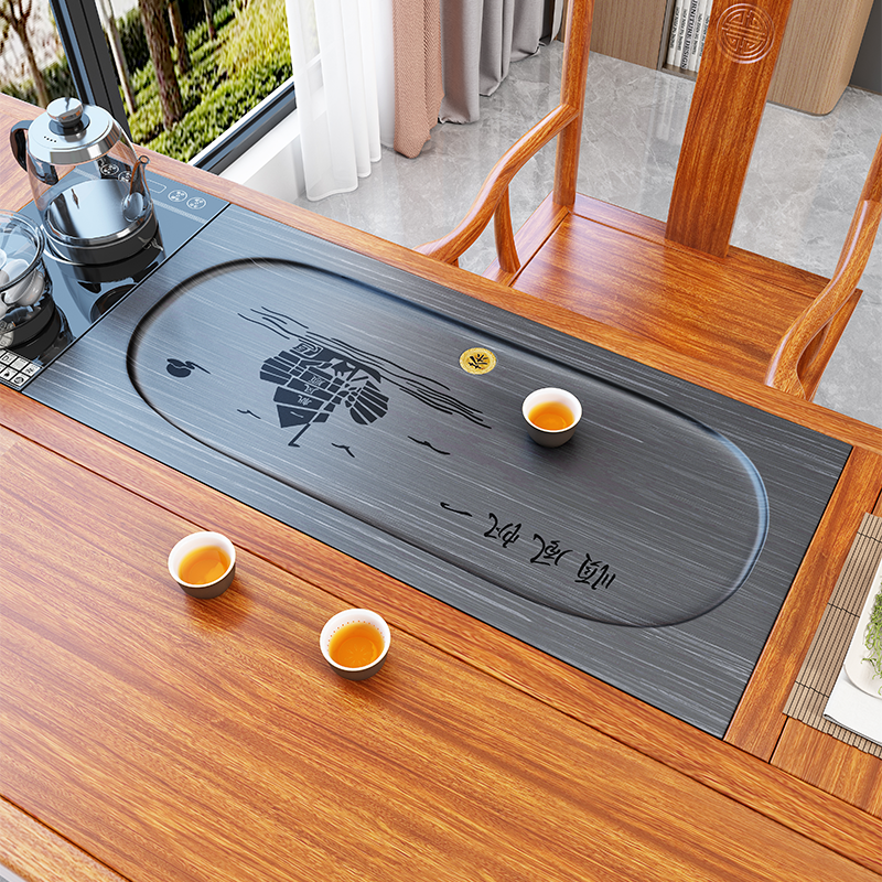 天然石材可定制整块雕刻纯手工打磨高端嵌入式家用办公轻奢石茶盘