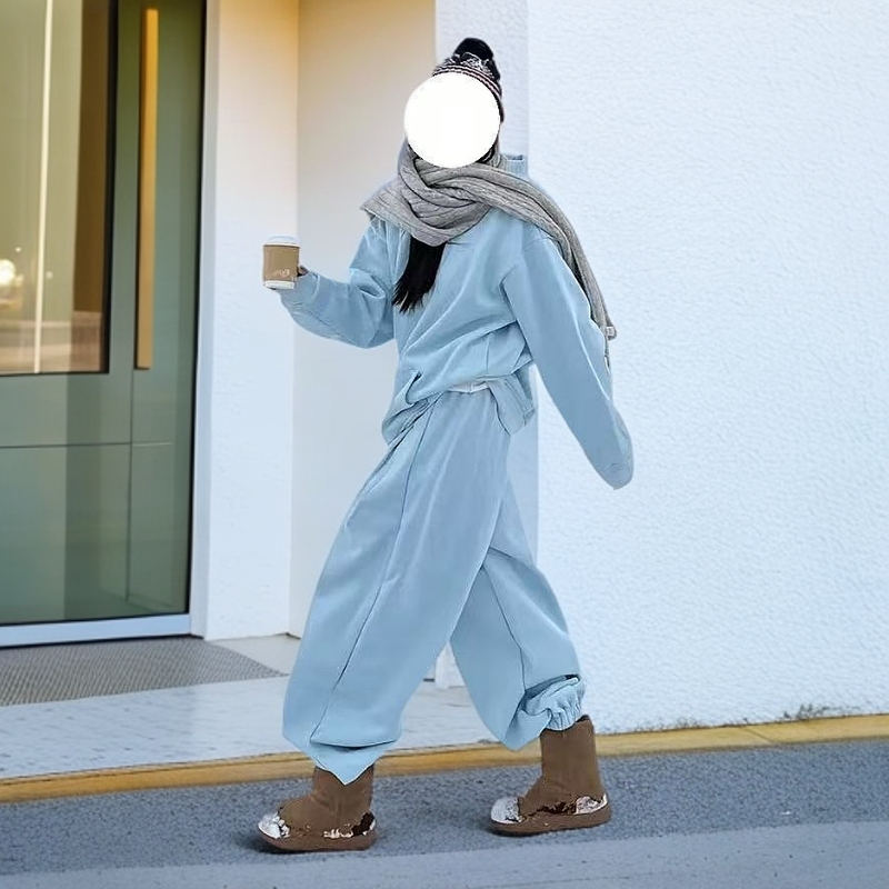 胖妹妹大码俩件套装宽松阔腿卫裤蓝色休闲连帽卫衣春秋慵懒糖果色