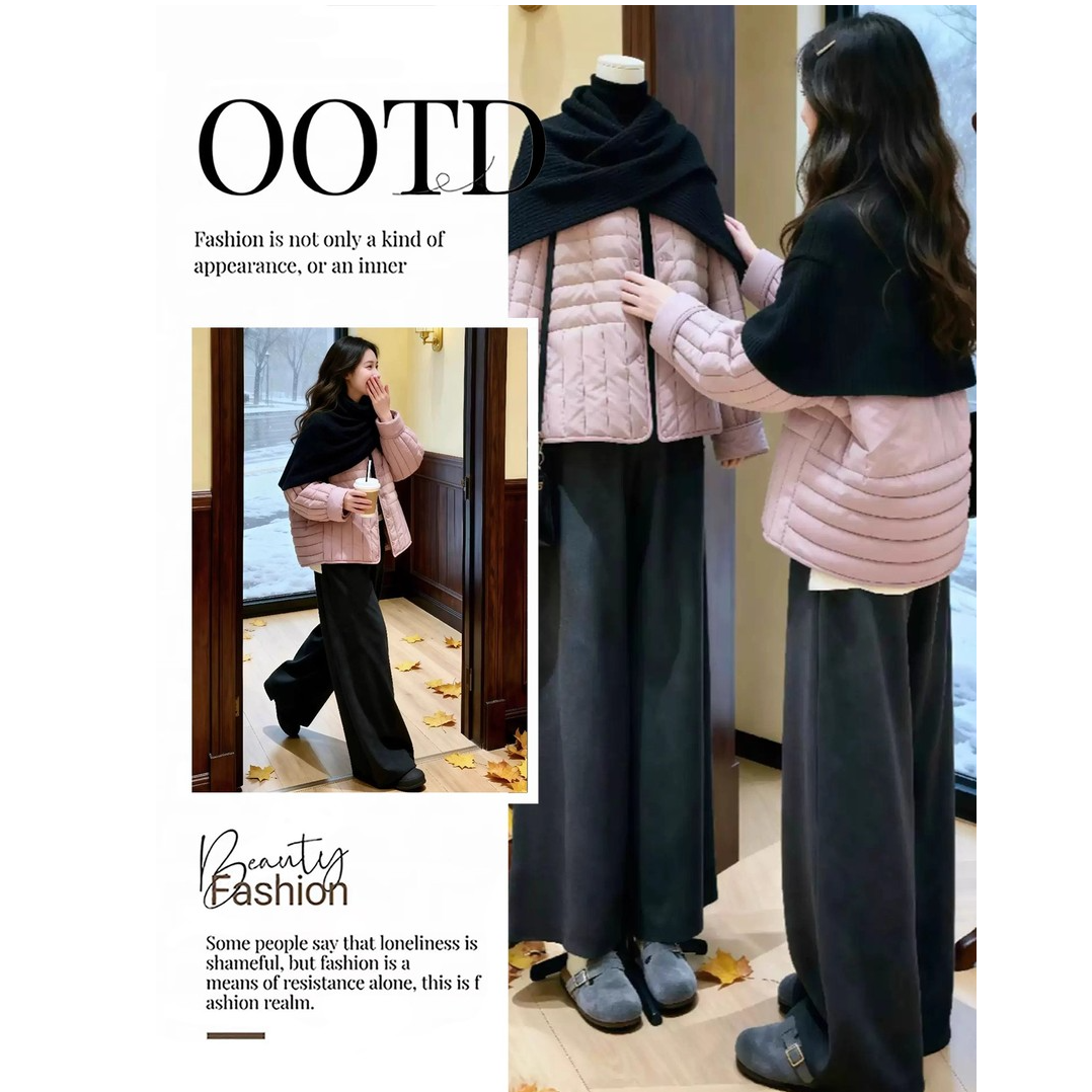 冬季一整套穿搭高级感小香风排骨棉服外套外搭针织披肩围脖套装潮