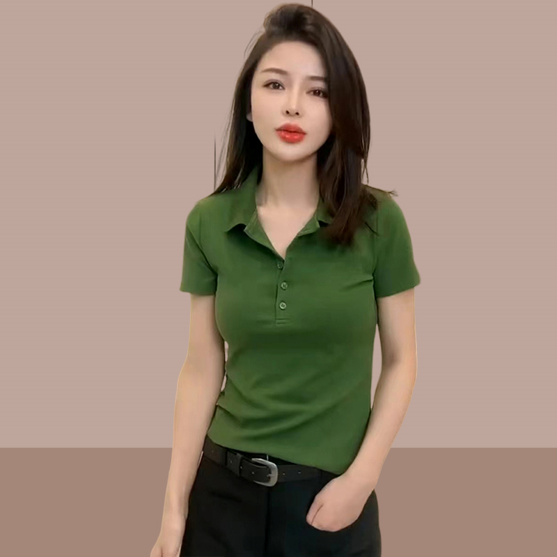 polo衫短袖T恤女夏季欧货大码气质修身显瘦正肩纯棉遮肚体恤上衣