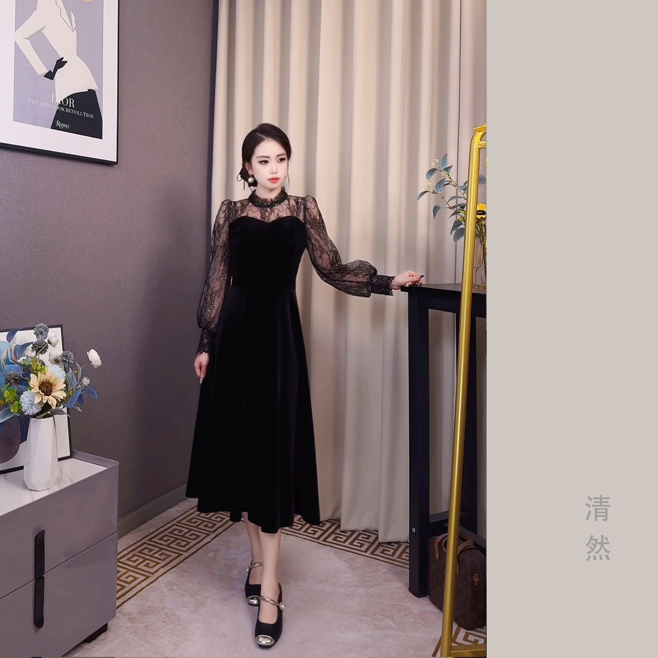 2025春季韩版名媛复古气质减龄长袖丝绒连衣裙赫本风黑色小礼服女