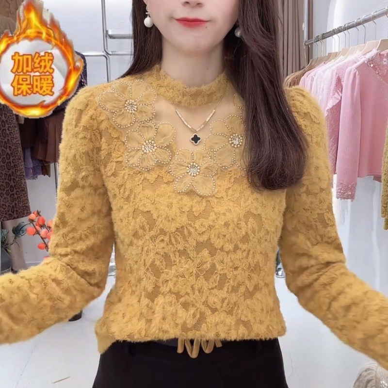 加绒减龄磨毛蕾丝衫女2025秋冬新款气质花边立领上衣洋气打底外穿