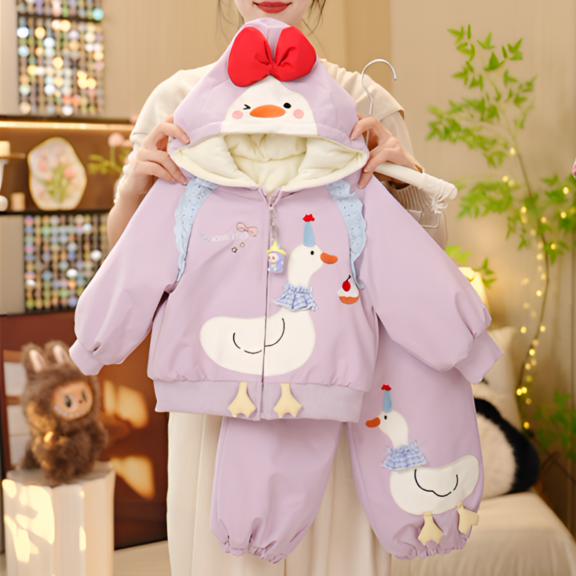 女童加绒加厚卡通小鸭子连帽套装秋冬2025新款洋气女孩时髦两件套
