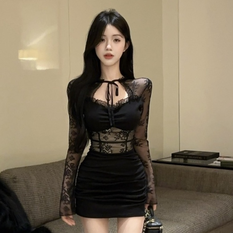 网纱拼接弹力棉镂空露肩长袖打底紧身连衣裙夜场辣妹紧身包臀短裙