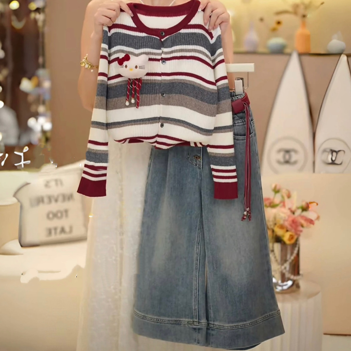 女童毛衣套装春秋装2025新款儿童洋气中大童韩版宽松牛仔阔腿裤潮