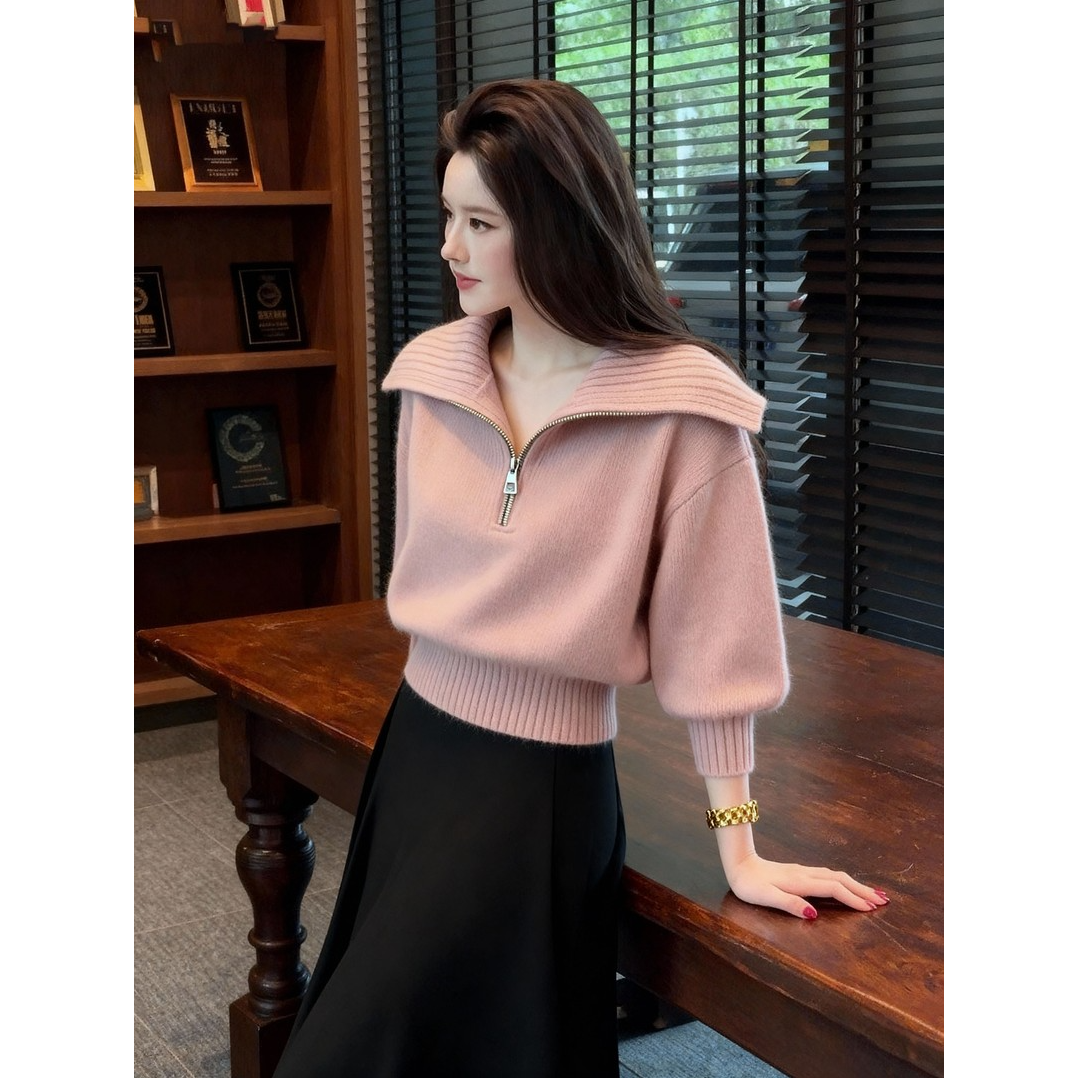 法式高级感独特漂亮显白半拉链翻领针织衫秋冬爆款女装氛围感毛衣