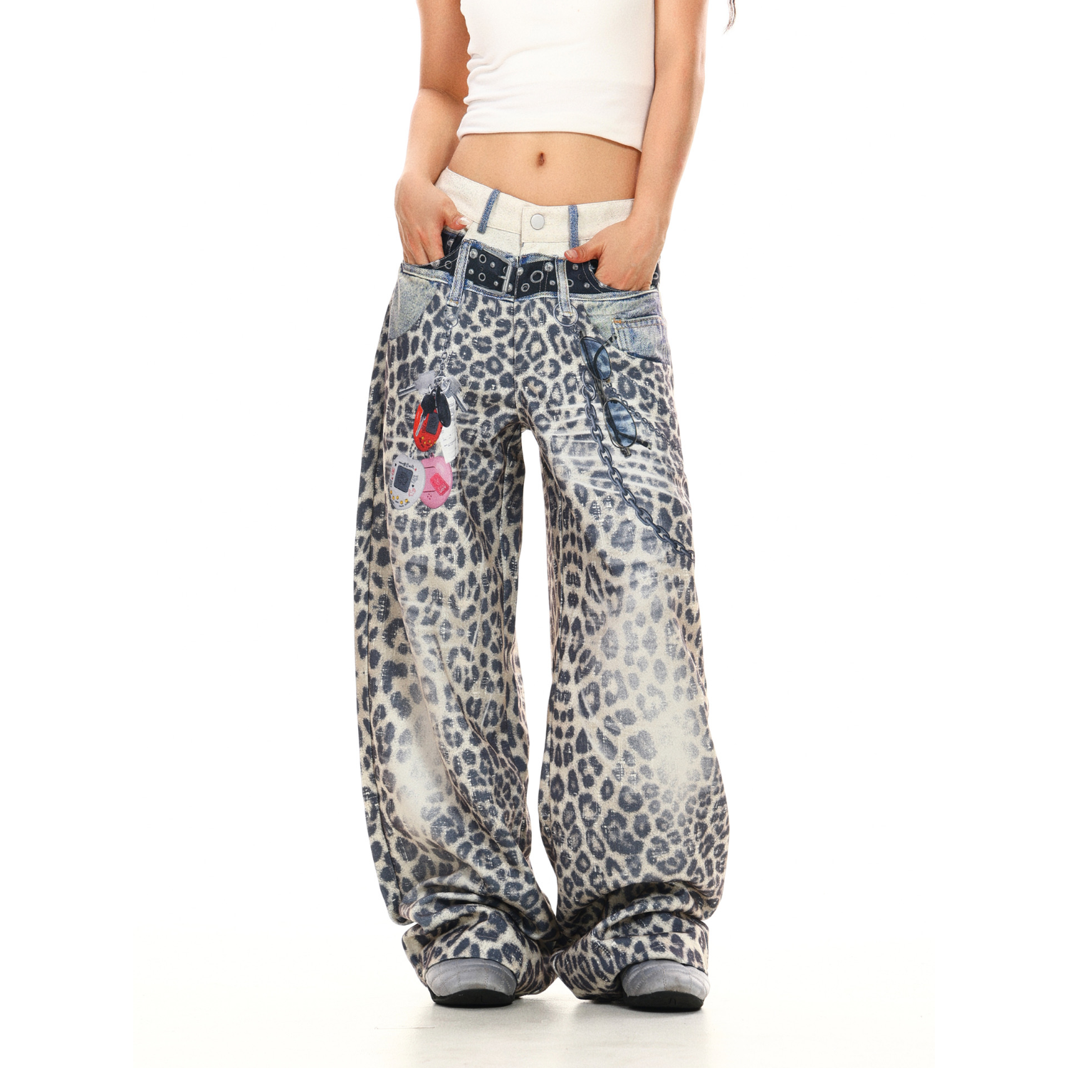 美式辣妹双腰头豹纹印花牛仔裤女新款宽松显瘦直筒百搭阔腿拖地裤