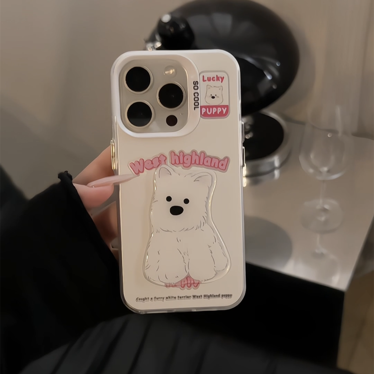 镂空玫粉色西高地适用苹果17华为p70vivo小米oppo磨砂彩银手机壳