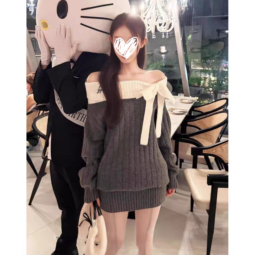 短款蝴蝶结一字肩连衣裙女秋冬灰色针织毛衣甜美纯欲#Q8511